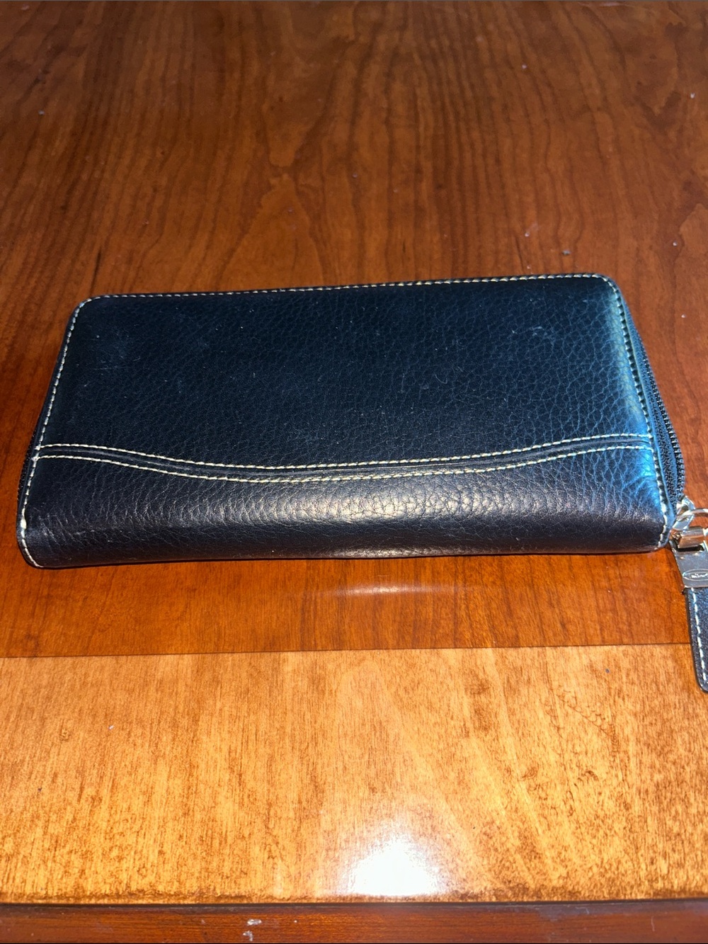 Black Leather Zip Around Wallet with Contrast Stitching